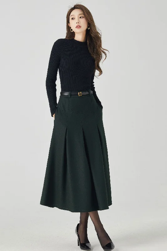 Dark green pleated midi wool skirt 4532