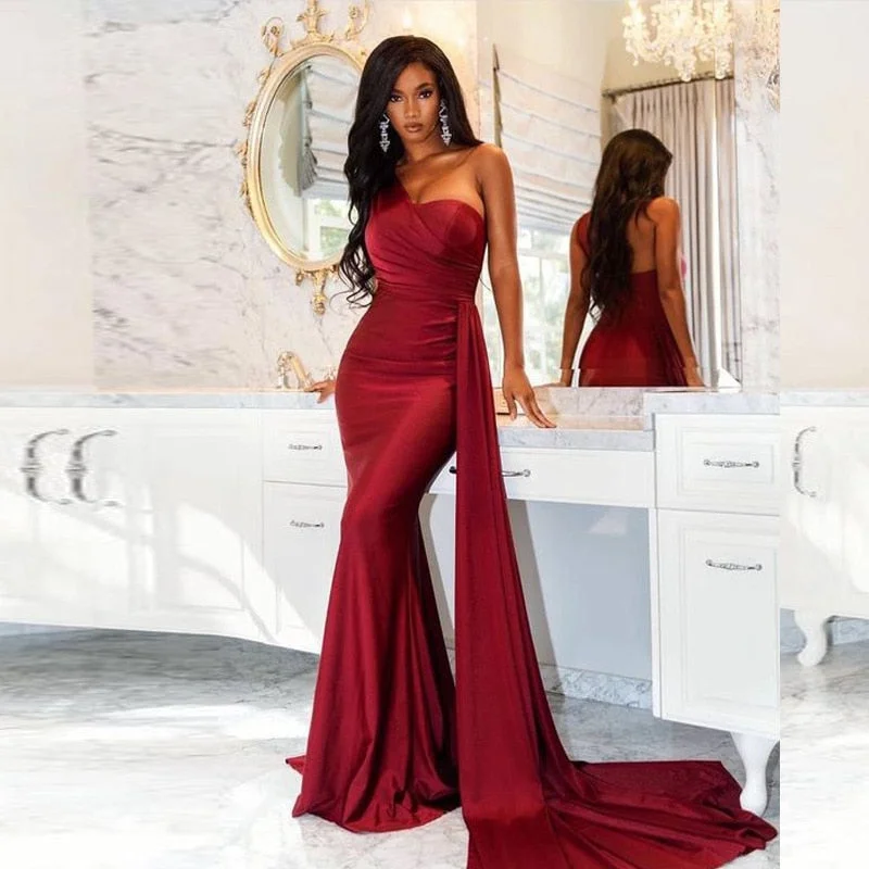 FashionSierra - Red Prom Dresses For Women Off Shoulder Solid Evening Party Dresses