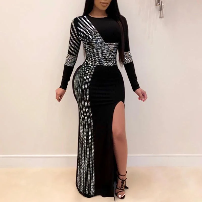 FashionSierra - 3xl plus size women dress long sleeve high slit sequin dress