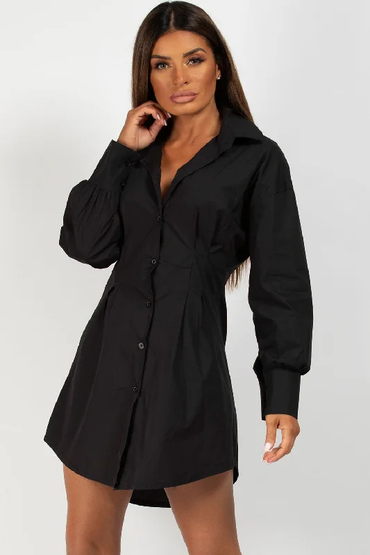 Black Corset Cinched Waist Shirt Dress