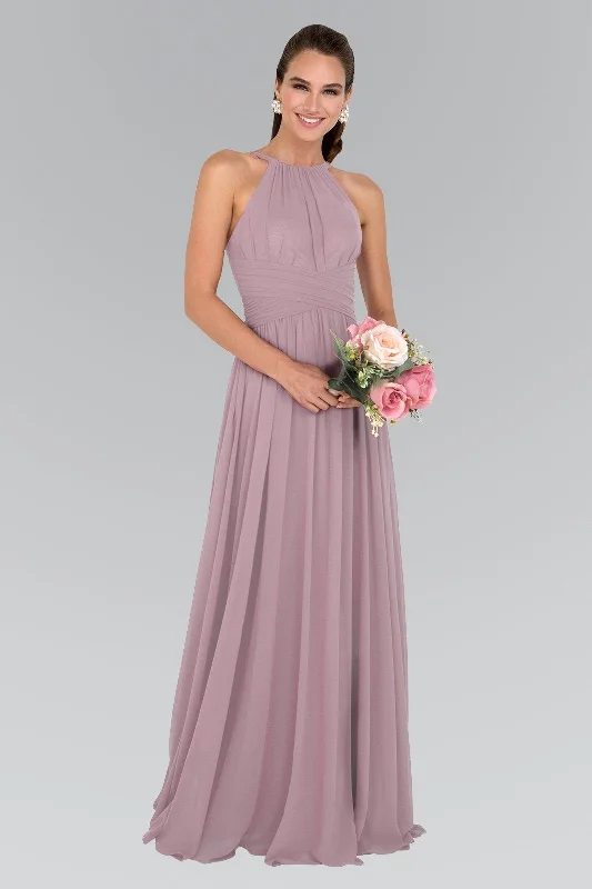 Chiffon High-Neck Ruched Long Dress by Elizabeth K GL1524