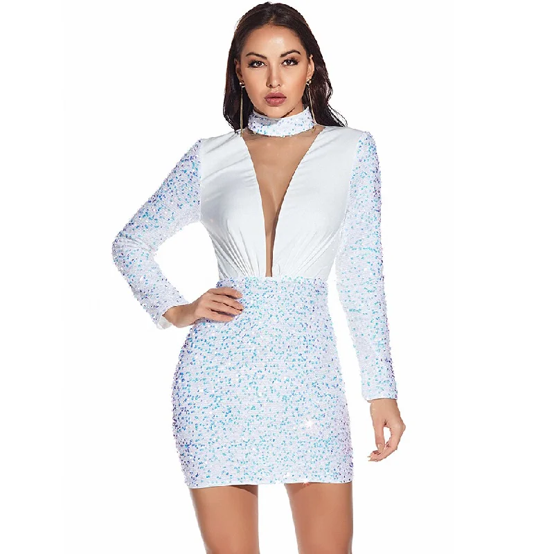 Deep V Sequin Long Sleeve Mini Dresses