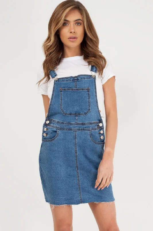 Denim Pinafore Dress Mid Wash