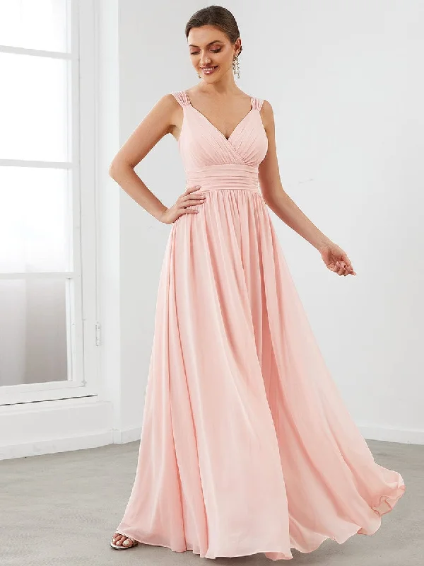 Enchanting Bridesmaid Gowns with Deep V-Neck and Elegant Pleats