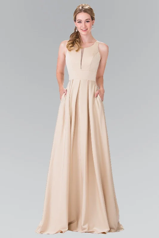 Long Sleeveless Pleated Dress with Sheer Panel by Elizabeth K GL2365