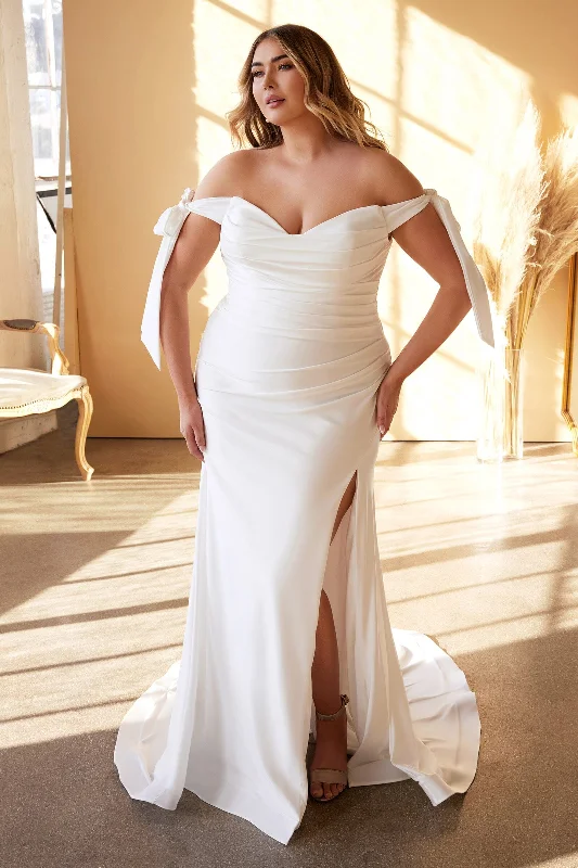 Plus Size White Off Shoulder Gown by Cinderella Divine CD944WC