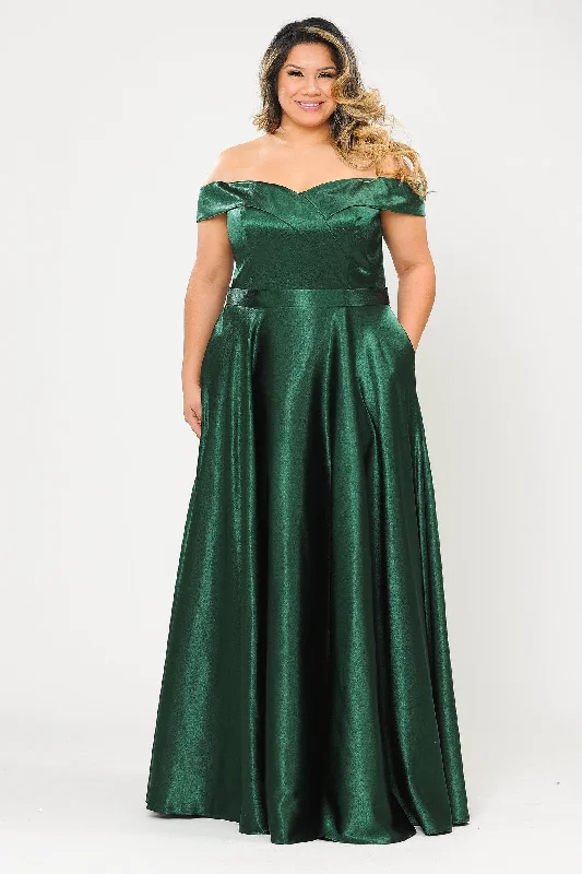 Plus Size Long Off Shoulder Satin Dress by Poly USA W1058