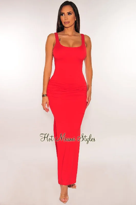 Red Ruched Sides Slit Maxi Dress