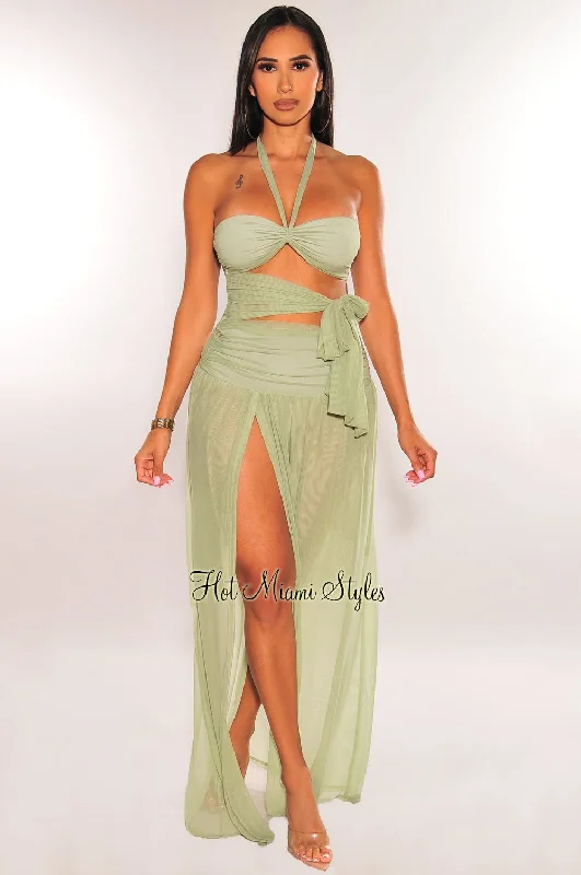 Sage Mesh Halter Cut Out Tie Up Slit Maxi Dress