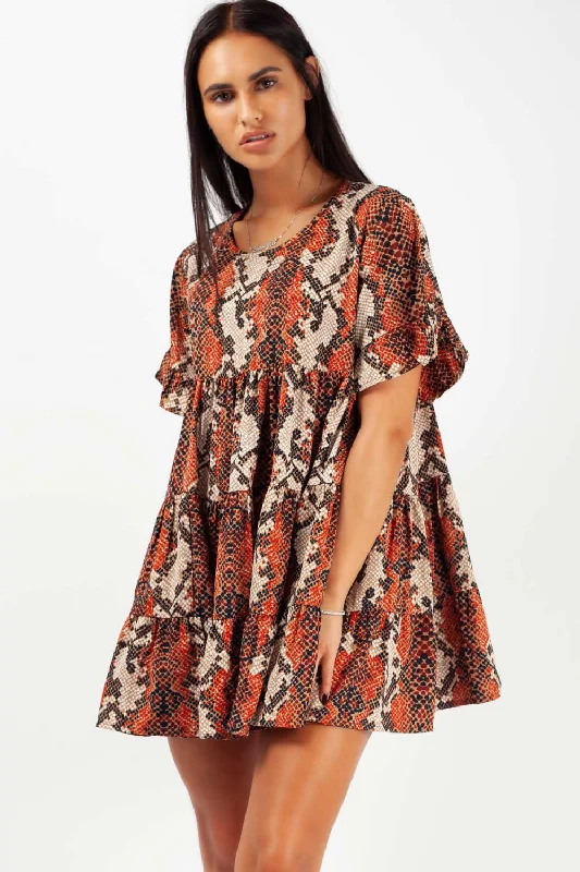 Snake Print Tiered Smock Dress