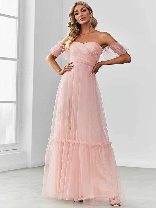 Strapless A Line Ruffles Sleeves Wholesale Evening Dresses