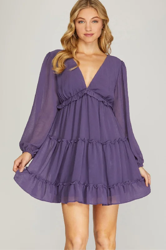 CRINKLED CHIFFON RUFFLE DRESS | PURPLE