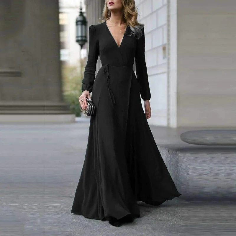 FashionSierra - Women Lady V Neck Long Sleeve Maxi Dress