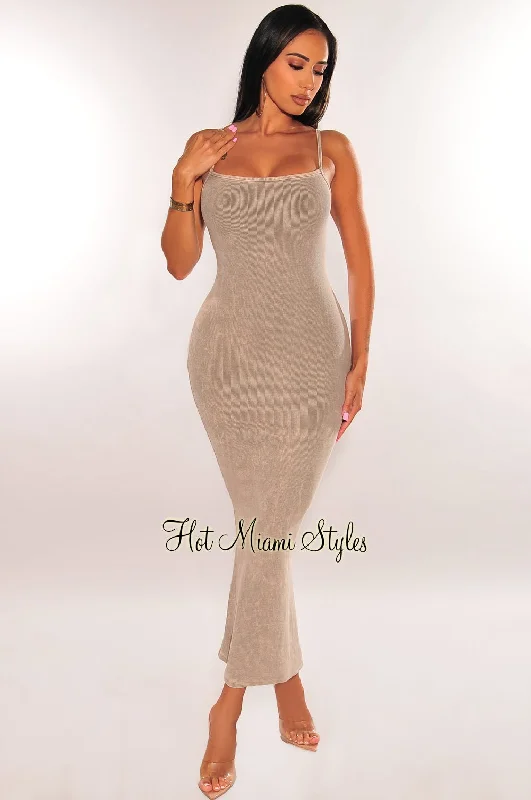 Taupe Vintage Wash Ribbed Spaghetti Straps Scoop Back Vent Maxi Dress