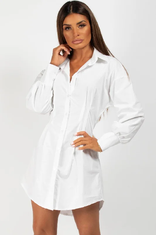 White  Corset Cinched Waist Shirt Dress