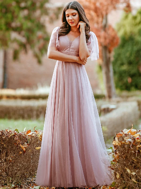 Wholesale Long Deep V Neck Maxi A-Line Tulle Evening Dress