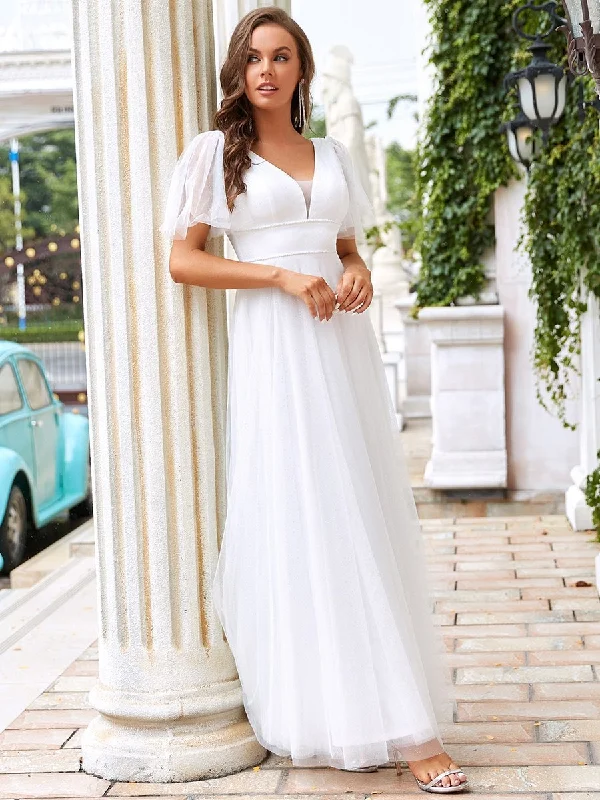 Wholesale Long Deep V Neck Maxi A-Line Tulle Evening Dress