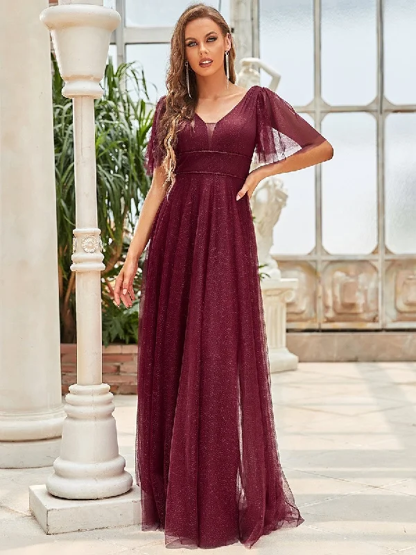 Wholesale Long Deep V Neck Maxi A-Line Tulle Evening Dress