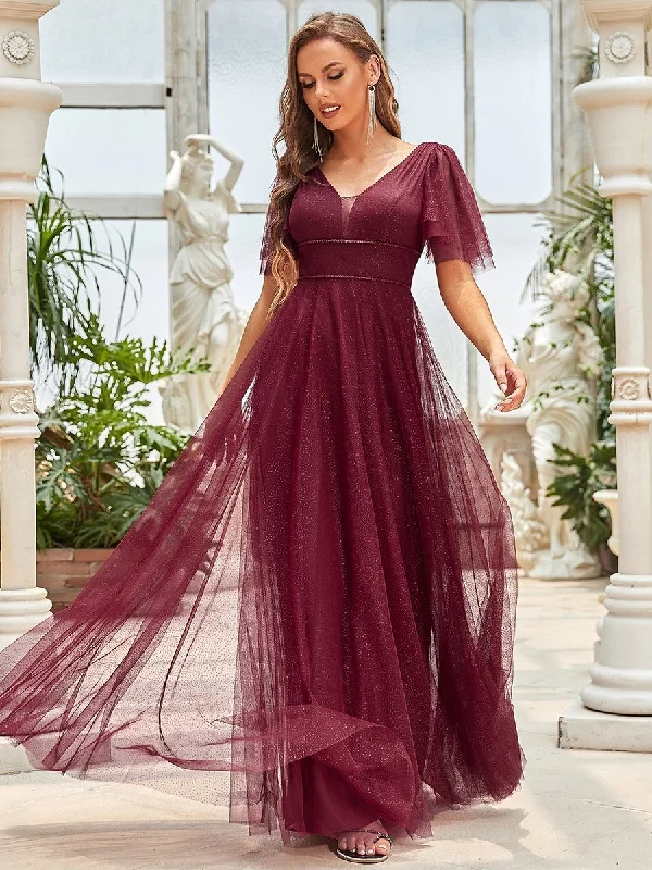 Wholesale Long Deep V Neck Maxi A-Line Tulle Evening Dress