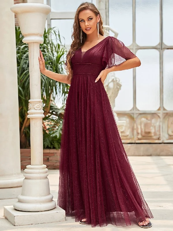 Wholesale Long Deep V Neck Maxi A-Line Tulle Evening Dress