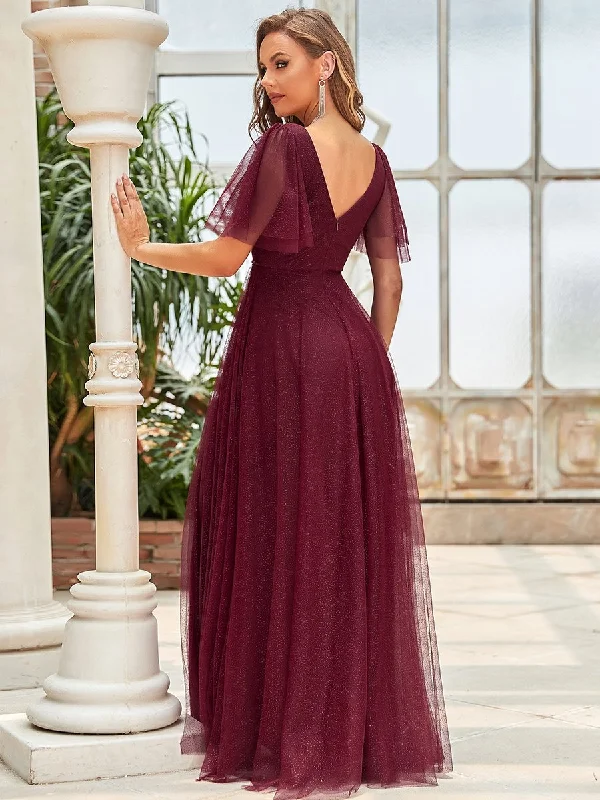 Wholesale Long Deep V Neck Maxi A-Line Tulle Evening Dress